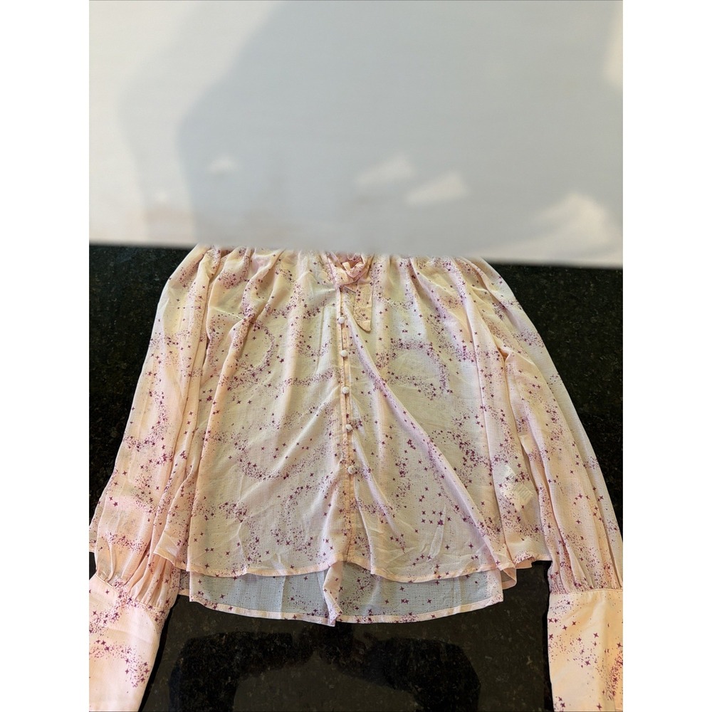 Free People Blouse Sz S Pink Ruffle Tie Neck Sheer Boho OB1828859 Flowy - Picture 3 of 10